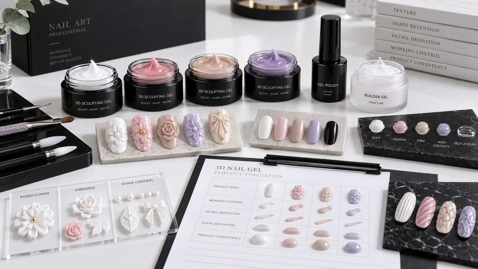 3D sculpting gel products with raised nail art samples, regular gel polish, builder gel, sculpting tools, texture samples, packaging and product information for professional buyer evaluation
