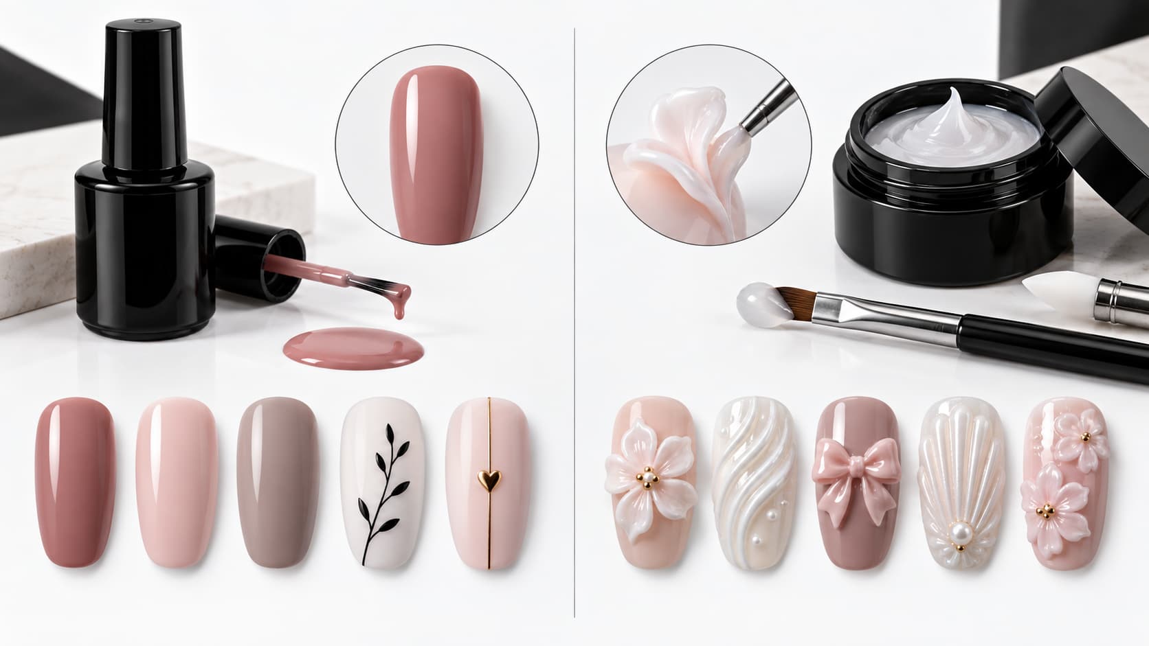 3D sculpting nail gel and regular gel polish shown side by side with smooth flat manicure samples, raised dimensional nail art, gel polish bottle, sculpting gel jar and nail tools