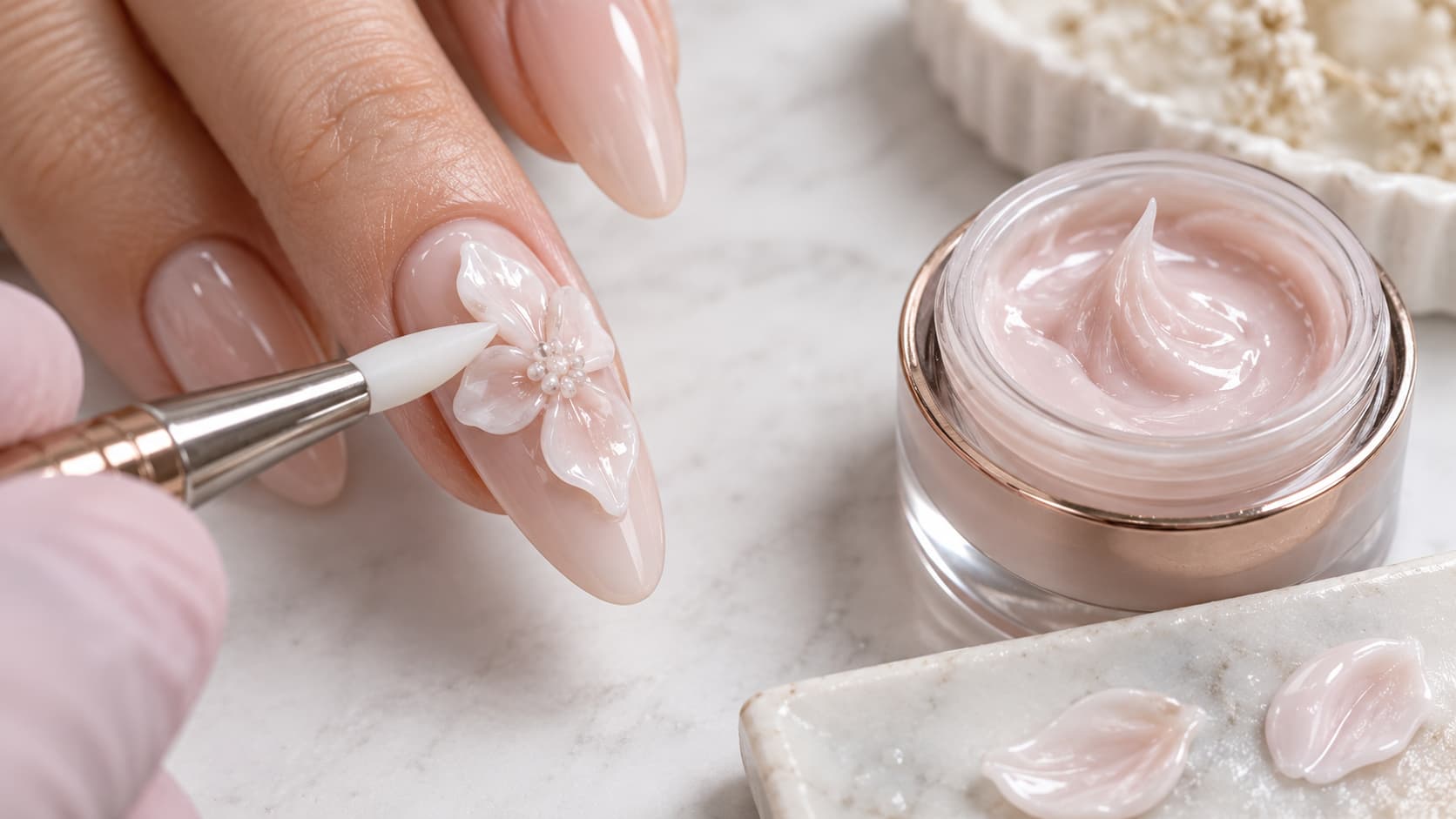3D sculpting nail gel being shaped into raised flower petals with a sculpting tool over a smooth neutral gel polish background
