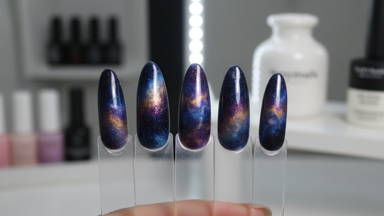 9D magnetic gel polish nails with multi chrome galaxy shifts in purple and blue