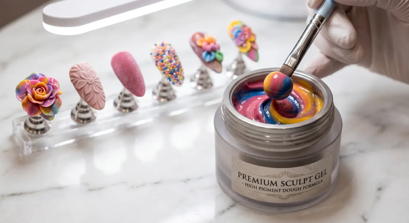 a brush picking up a perfect, round bead of highly pigmented gel from a premium jar. - Hanyinails