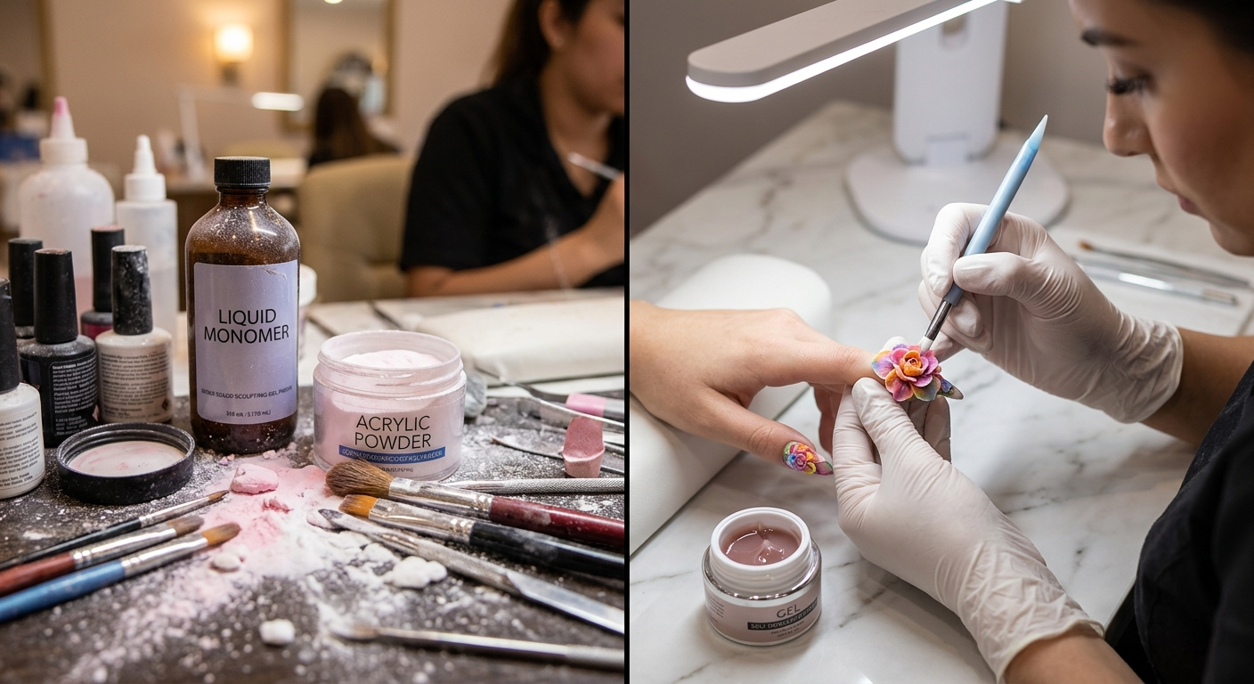 A comparison image showing liquid monomer alongside a jar of acrylic powder and a semi-solid gel.
