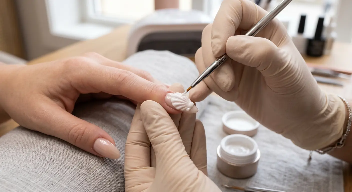 a fine liner brush to sculpt a raised, textured seashell design using an opaque white, creamy gel polish on a nail.