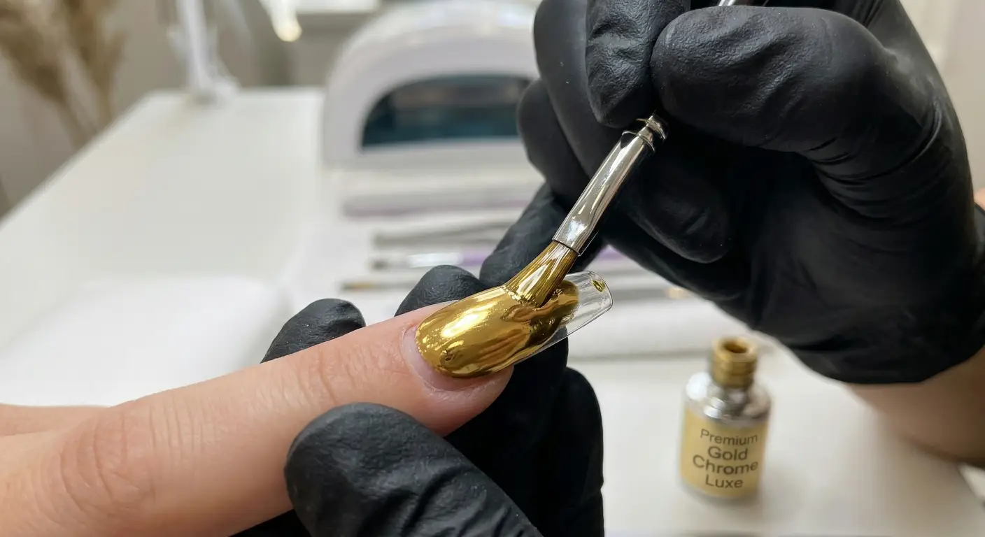 a nail technician carefully applying liquid gold chrome polish onto a nail tip