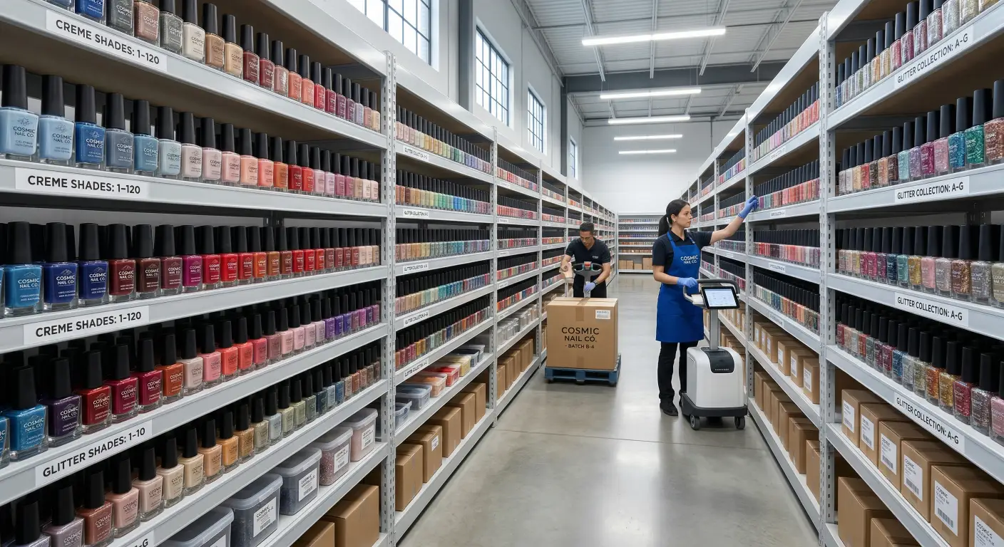 A pristine, well-organized distributor warehouse setting. Rows of uniform, elegantly branded glass nail polish bottles are lined up on modern shelving A pristine, well-organized distributor warehouse setting. Rows of uniform, elegantly branded glass nail polish bottles are lined up on modern shelving