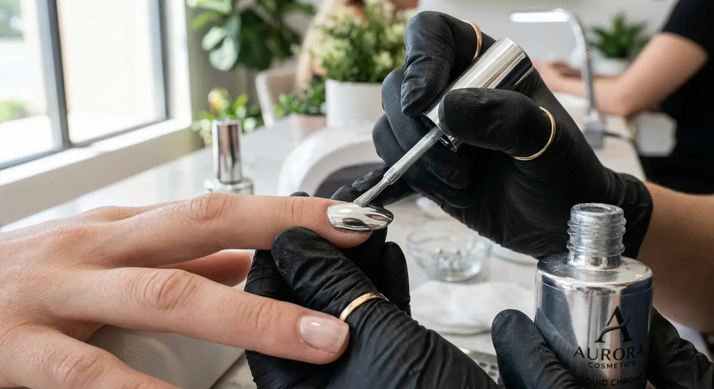 a professional nail technician applying silver liquid chrome nail polish a professional nail technician applying silver liquid chrome nail polish