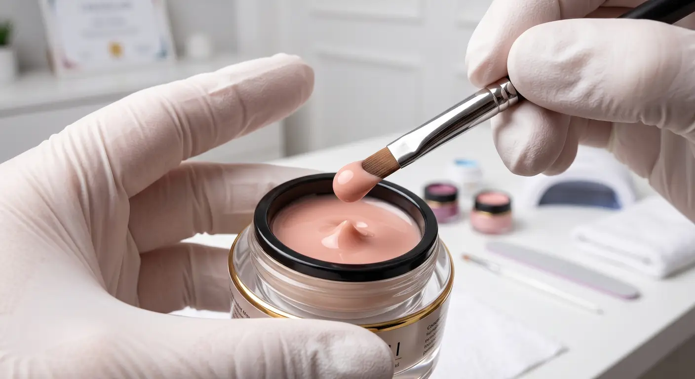 A professional nail technician is using a flat, oval-shaped brush to scoop Pat Pat Gel directly from a high-end jar. A professional nail technician is using a flat, oval-shaped brush to scoop Pat Pat Gel directly from a high-end jar.