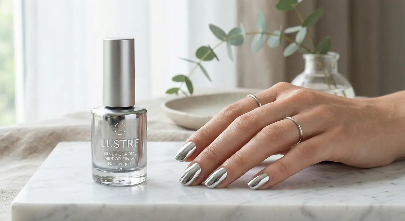 a sleek, elegant glass bottle of silver liquid chrome nail polish next to a manicured hand featuring a flawless, mirror-shine finish