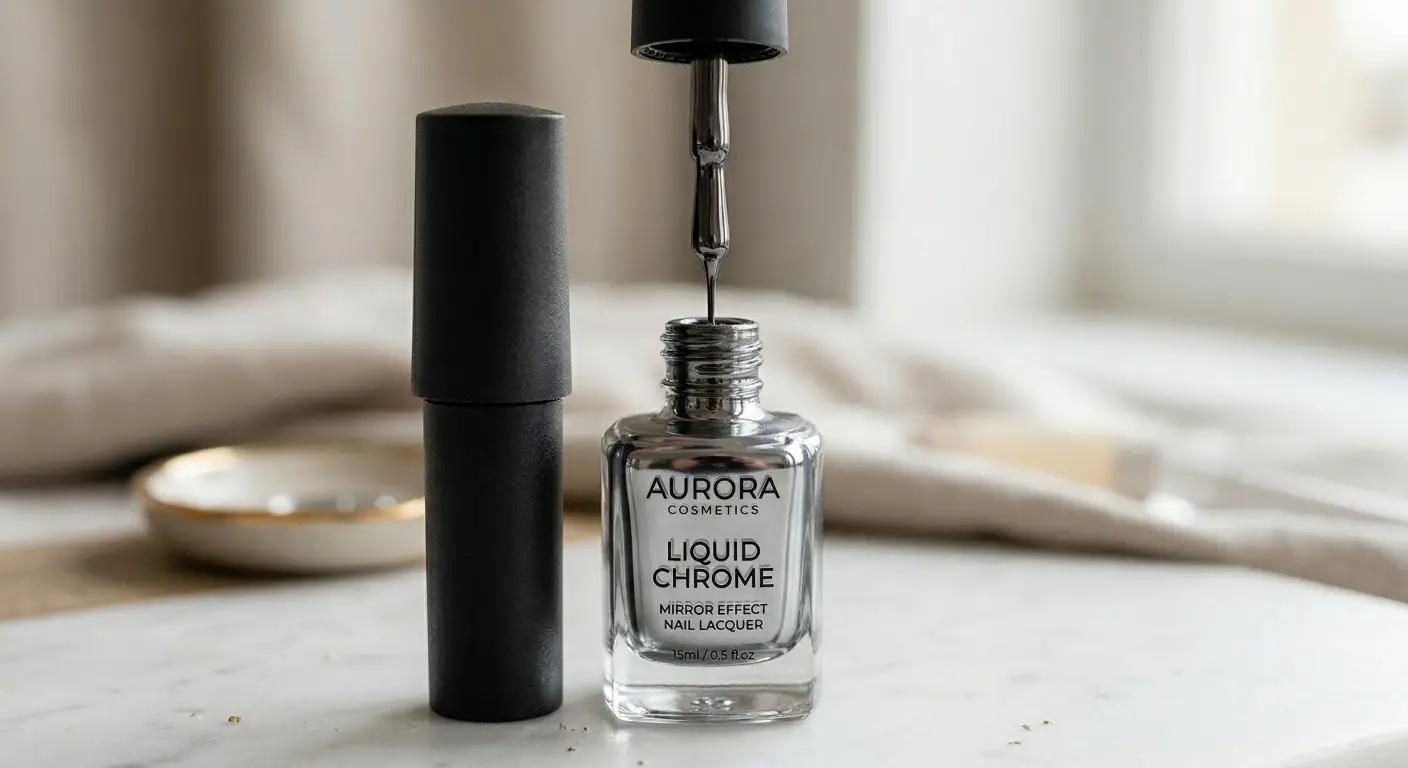 a sleek glass bottle of silver liquid chrome nail polish - Hanyinails