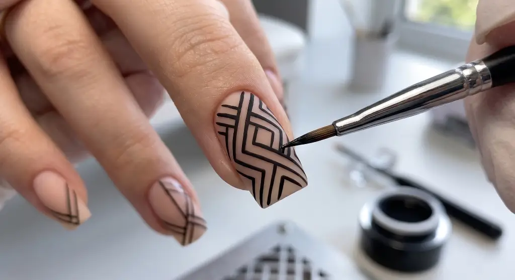 a thin liner brush painting crisp, intricate geometric black lines over a nude nail base - Hanyinails