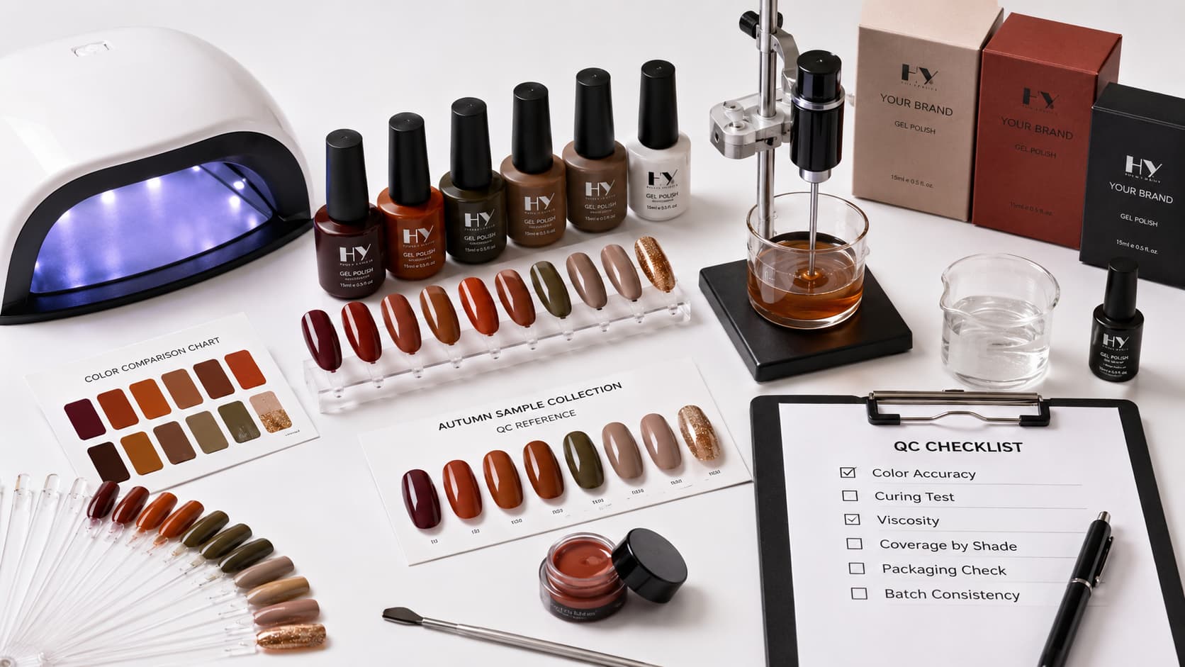 Autumn gel polish sample testing and quality control with color swatches, curing lamp, viscosity test, packaging samples, and batch consistency checklist
