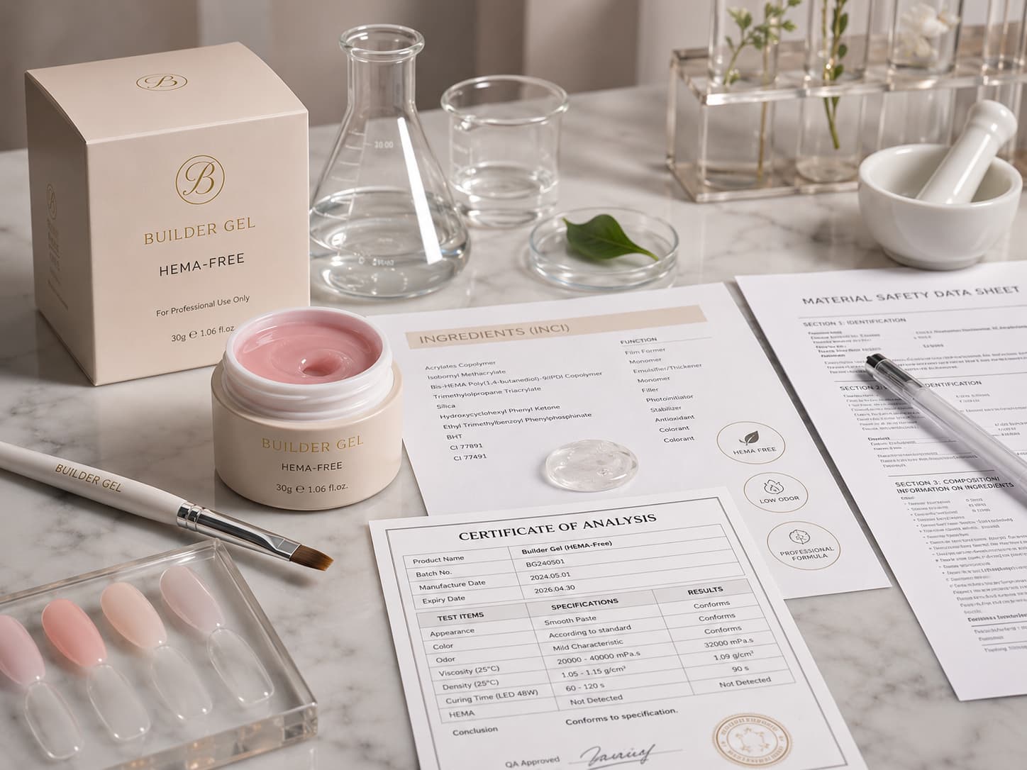 Builder gel ingredients and HEMA-free formula documentation