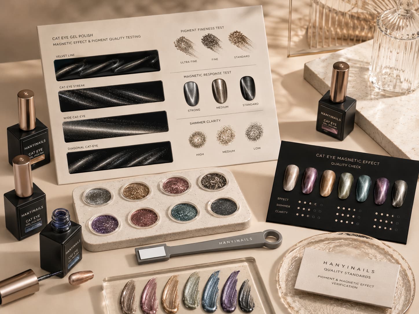 Cat eye gel polish magnetic effect and pigment quality testing