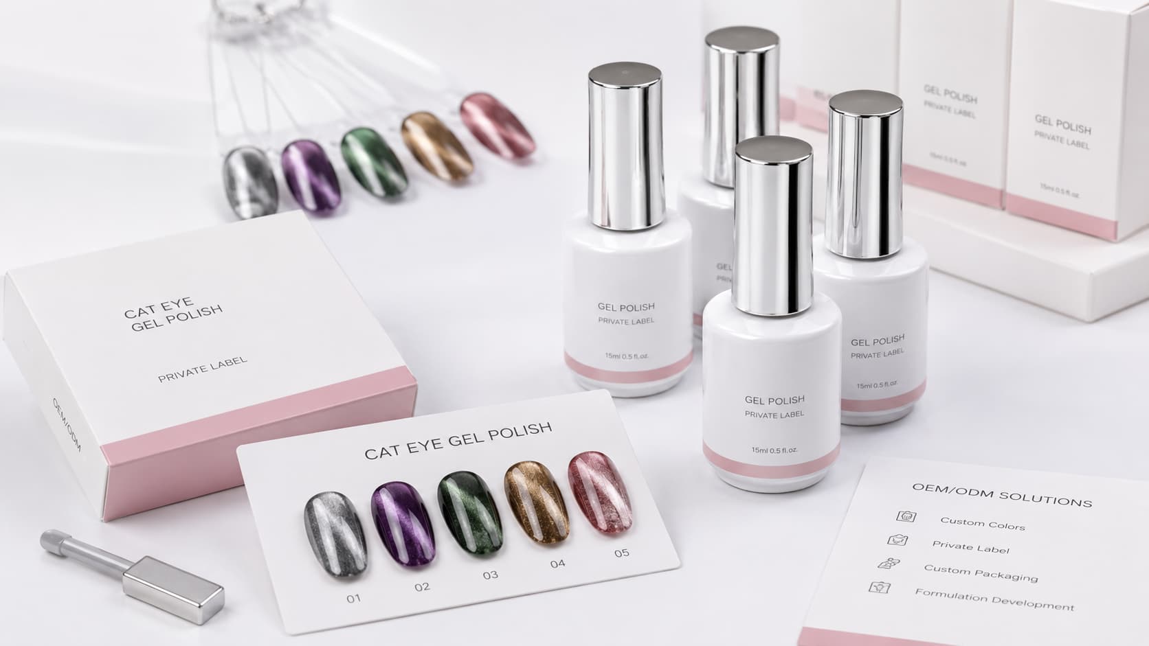 Cat eye gel polish swatches with magnetic effects for a private label nail product line