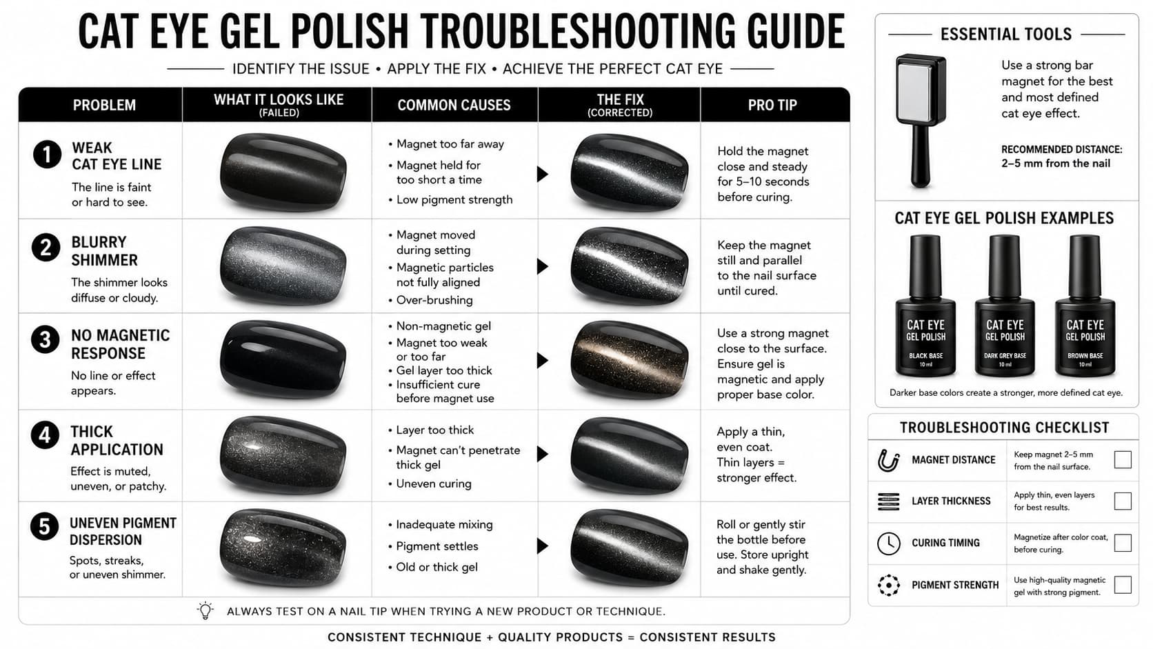 Cat eye gel polish troubleshooting guide with weak magnetic line, blurry shimmer, no magnetic response, thick layers, and uneven pigment dispersion