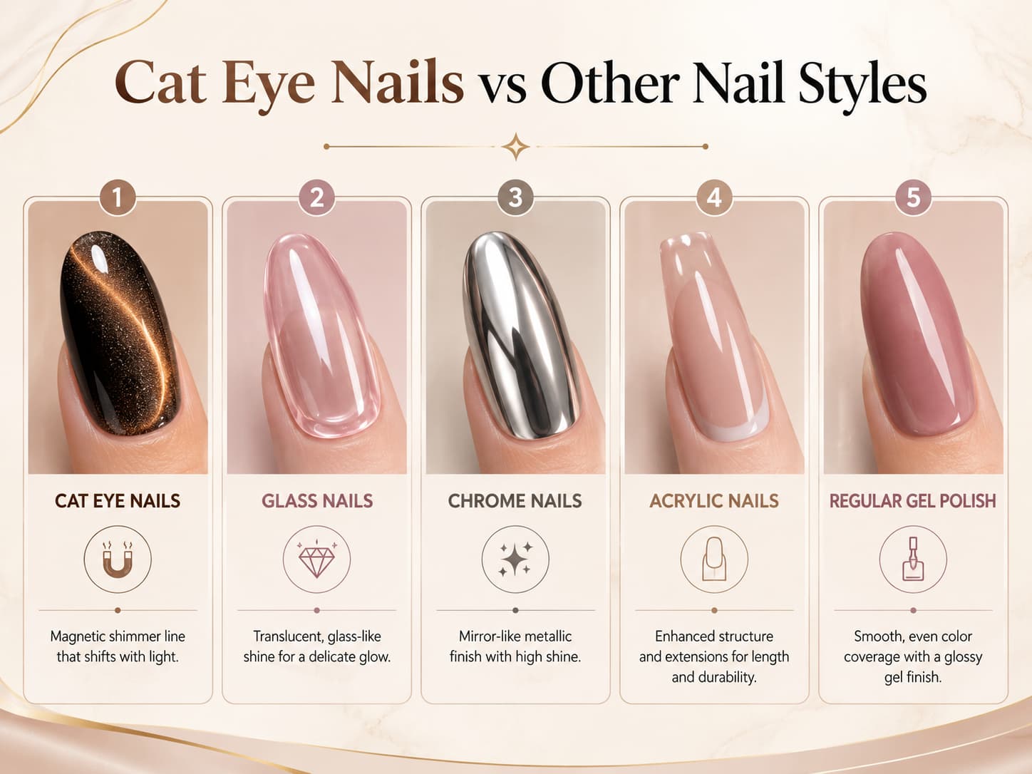 Cat eye nails vs glass nails chrome nails acrylic nails and regular gel polish