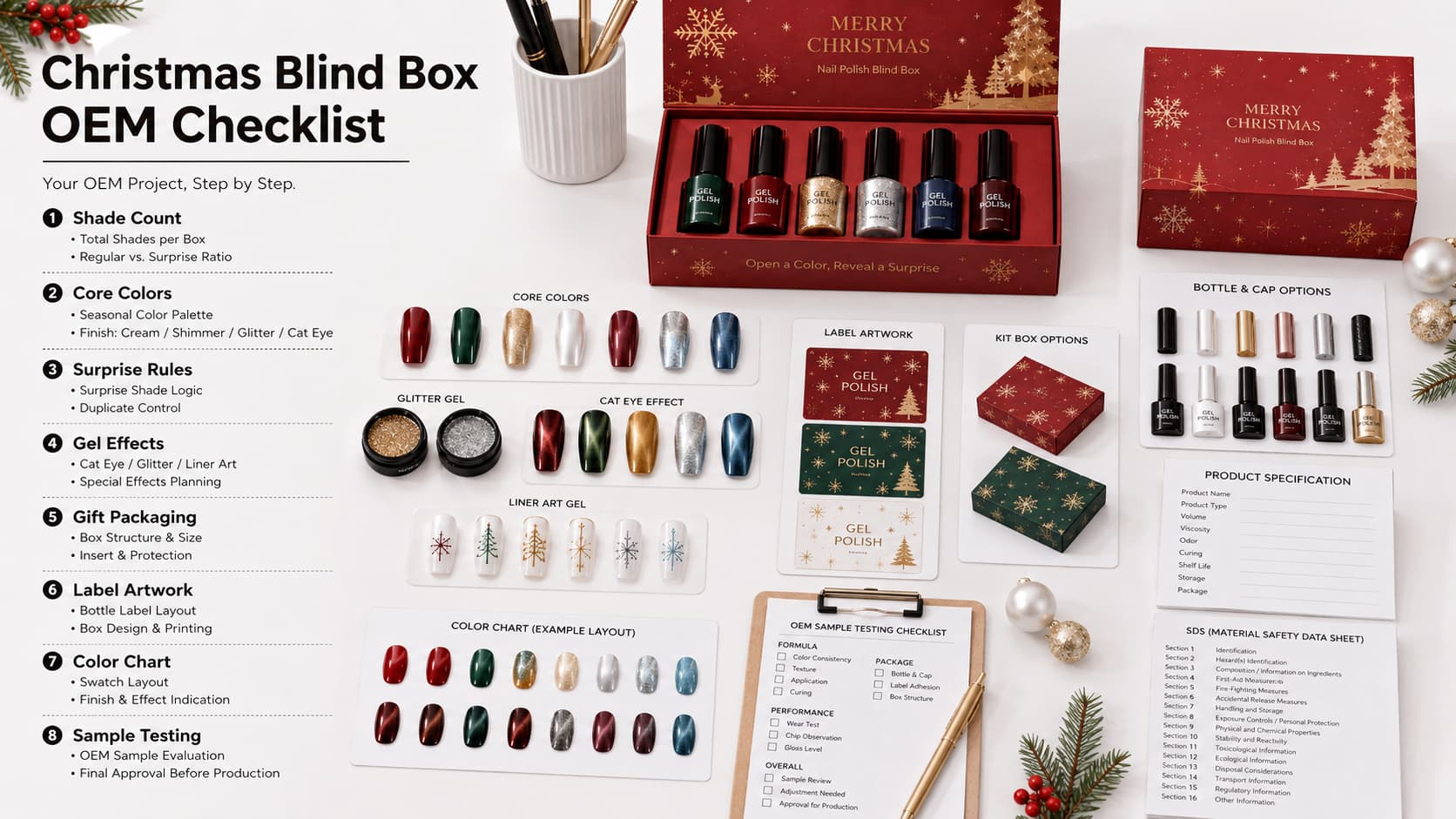 Christmas nail polish blind box OEM checklist with festive gel color swatches, gel bottles and jars, glitter gel, cat eye effect samples, blind box packaging, bottle and cap options, label artwork, kit boxes, color charts, SDS, specifications, and sample testing checklist