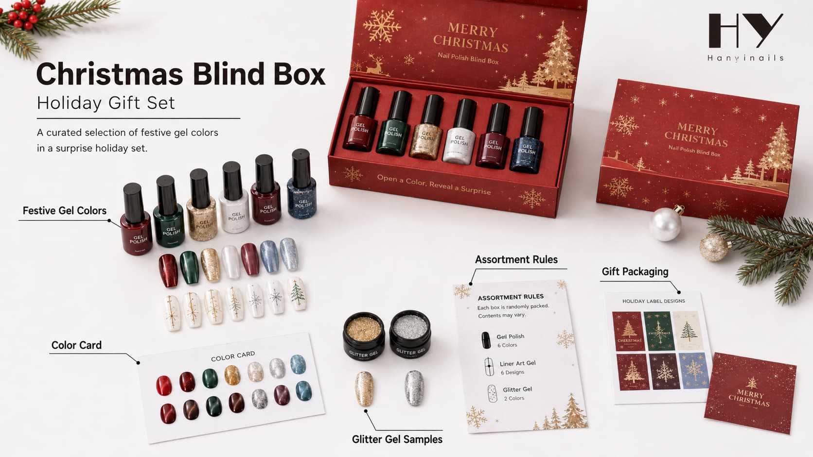 Christmas nail polish blind box overview with holiday gift packaging, festive gel colors, red, green, gold, silver, pearl white and burgundy swatches, color card, label artwork, and assortment rules