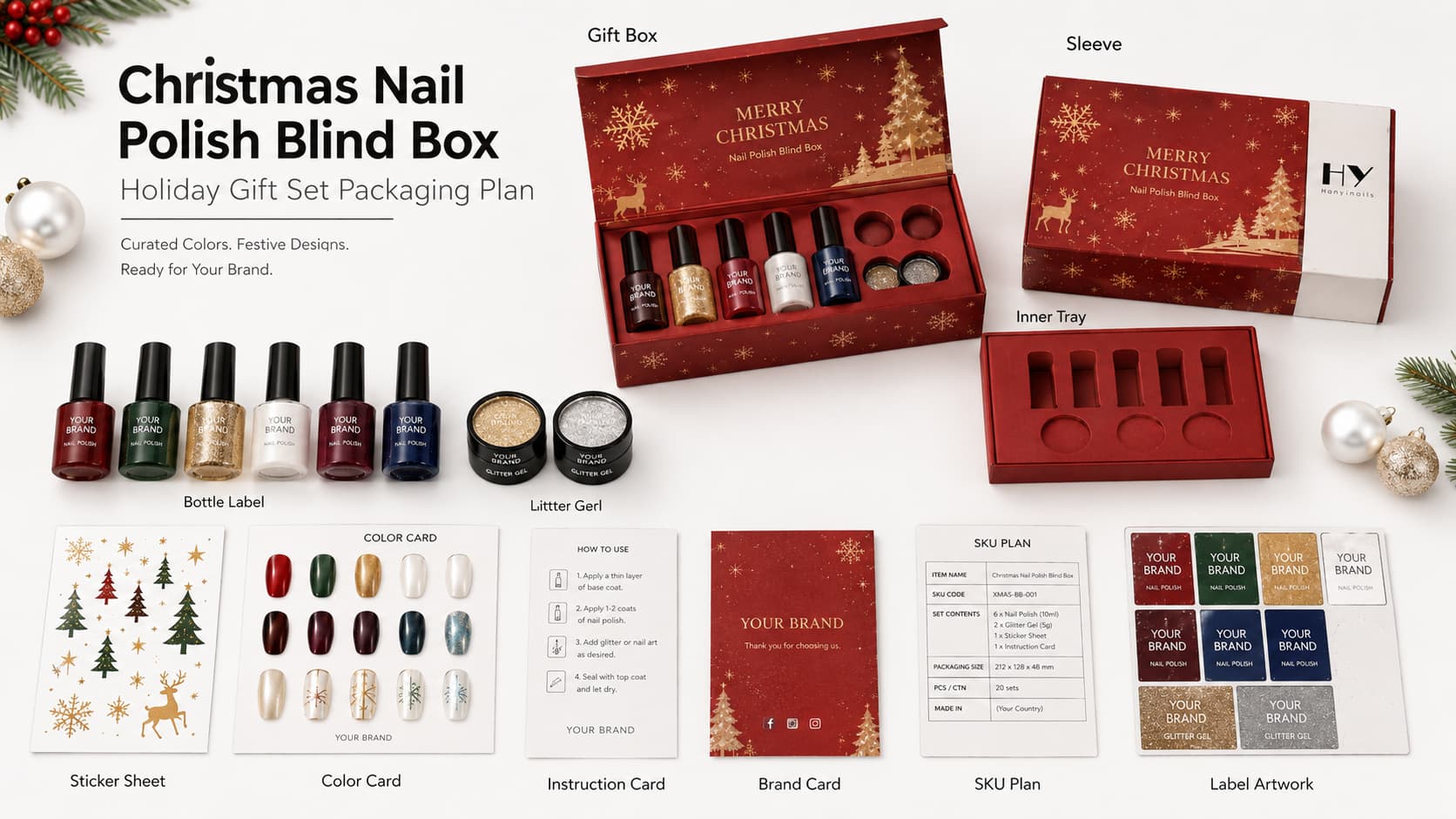 Christmas nail polish blind box packaging and holiday gift set presentation with gift box, inner tray, sleeve, bottle labels, color card, instruction card, SKU plan, and label artwork