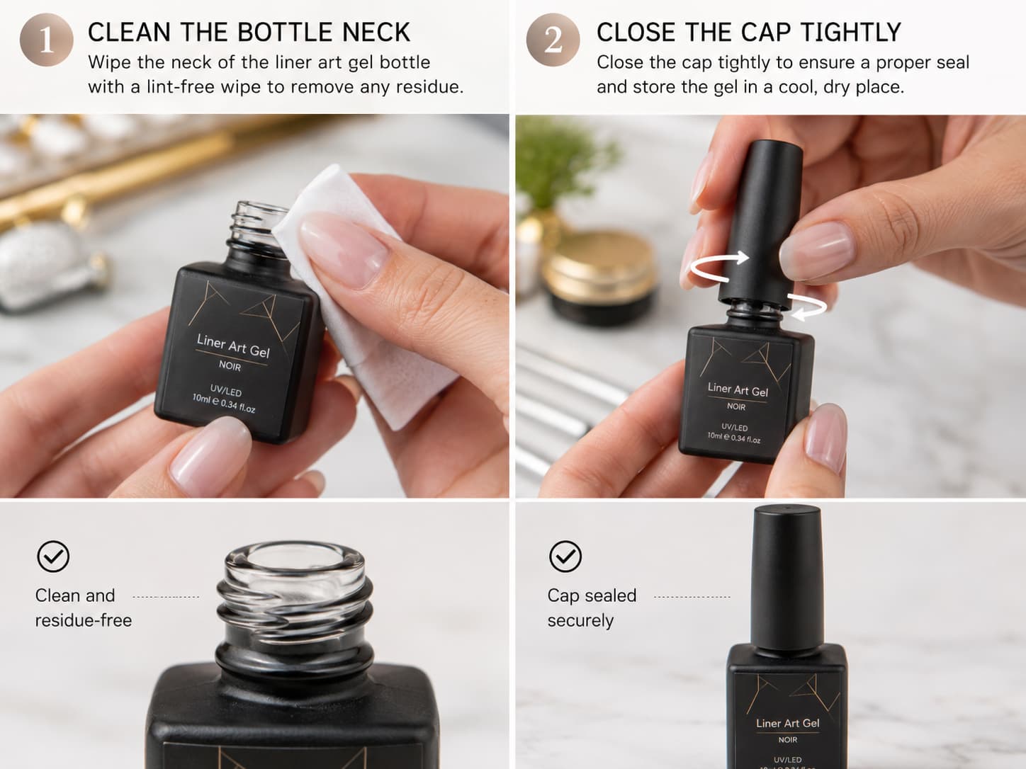 Cleaning liner art nail gel bottle neck before storage