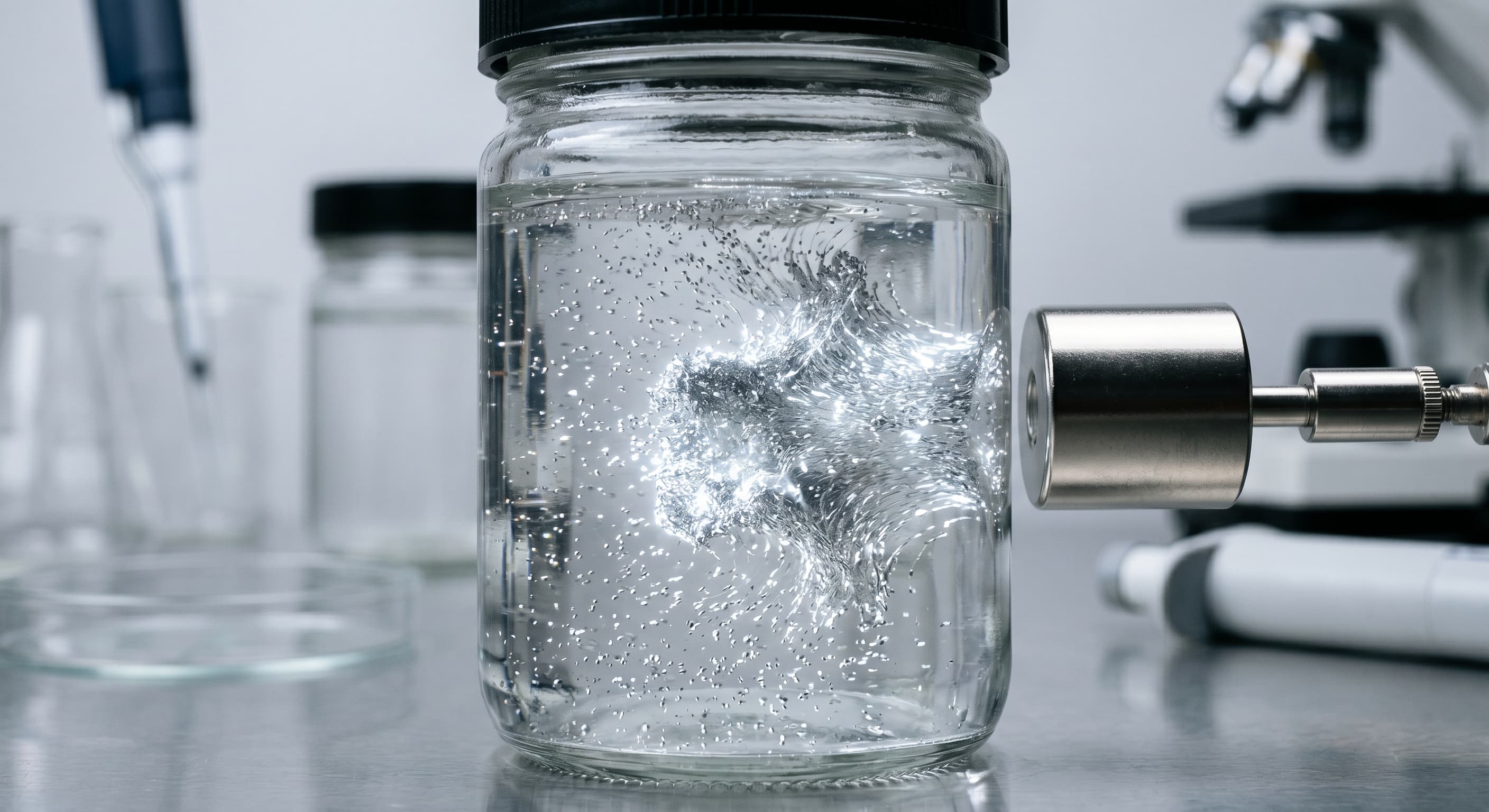 Close-up of fine iron oxide particles reacting to a strong neodymium magnet inside a premium gel formula