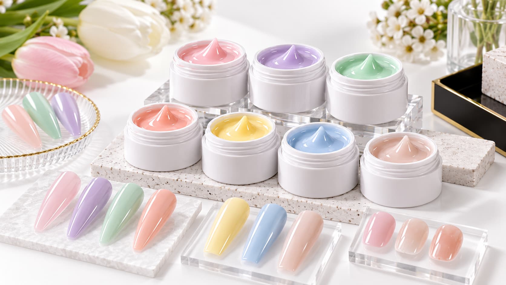 Colored builder gel products with spring pastel shades and structured nail extension samples in milky pink, lavender, mint, peach, butter yellow, baby blue and milky nude