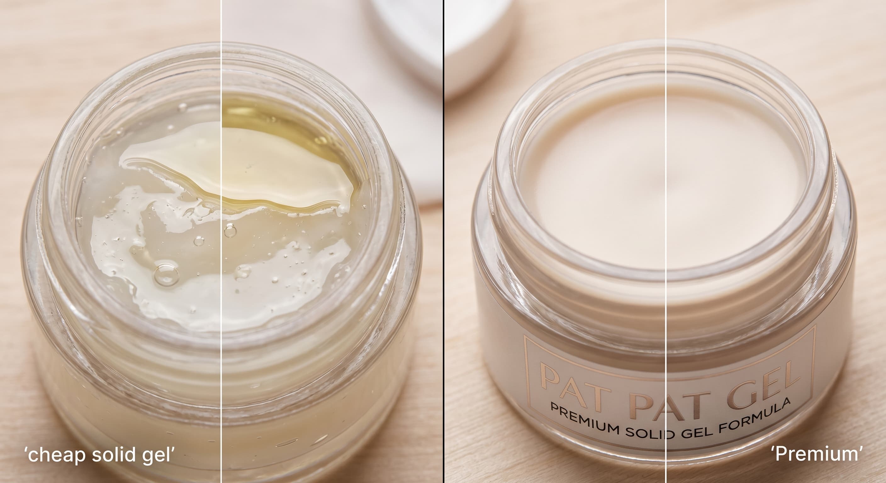 Comparison showing cheap solid gel separating oil next to a highly stable premium Pat Pat Gel formula.