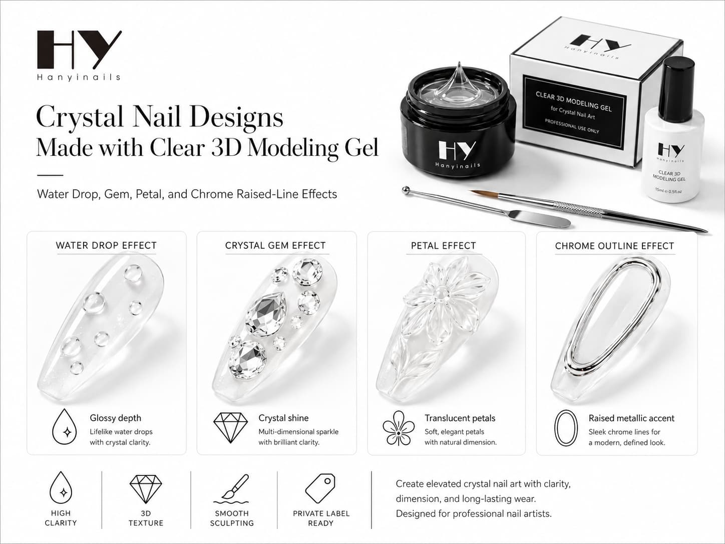 Crystal nail designs made with clear 3D modeling gel