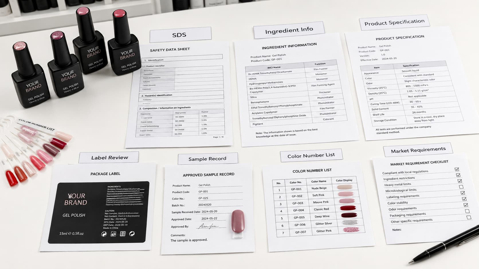 Custom nail polish manufacturing document verification with SDS, ingredient information, product specifications, label review, sample record, and market requirements