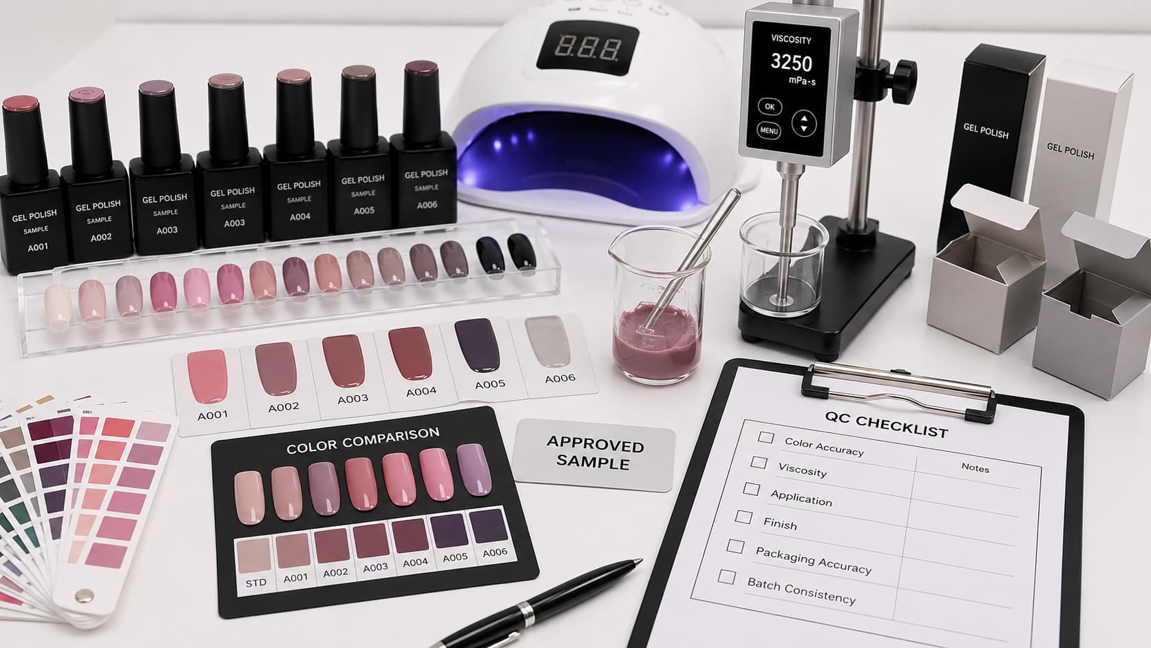 Custom nail polish sample testing and quality control with gel polish bottles, color swatches, curing lamp, viscosity test, packaging samples, and QC checklist