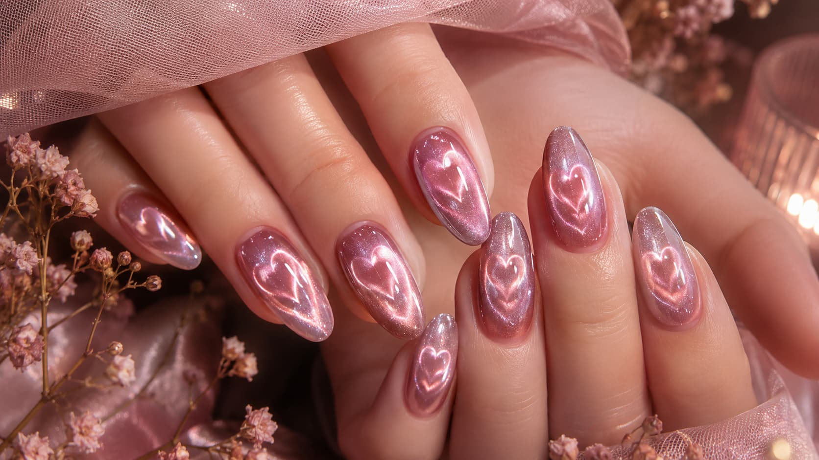 Double heart cat eye nails with romantic magnetic shimmer effect