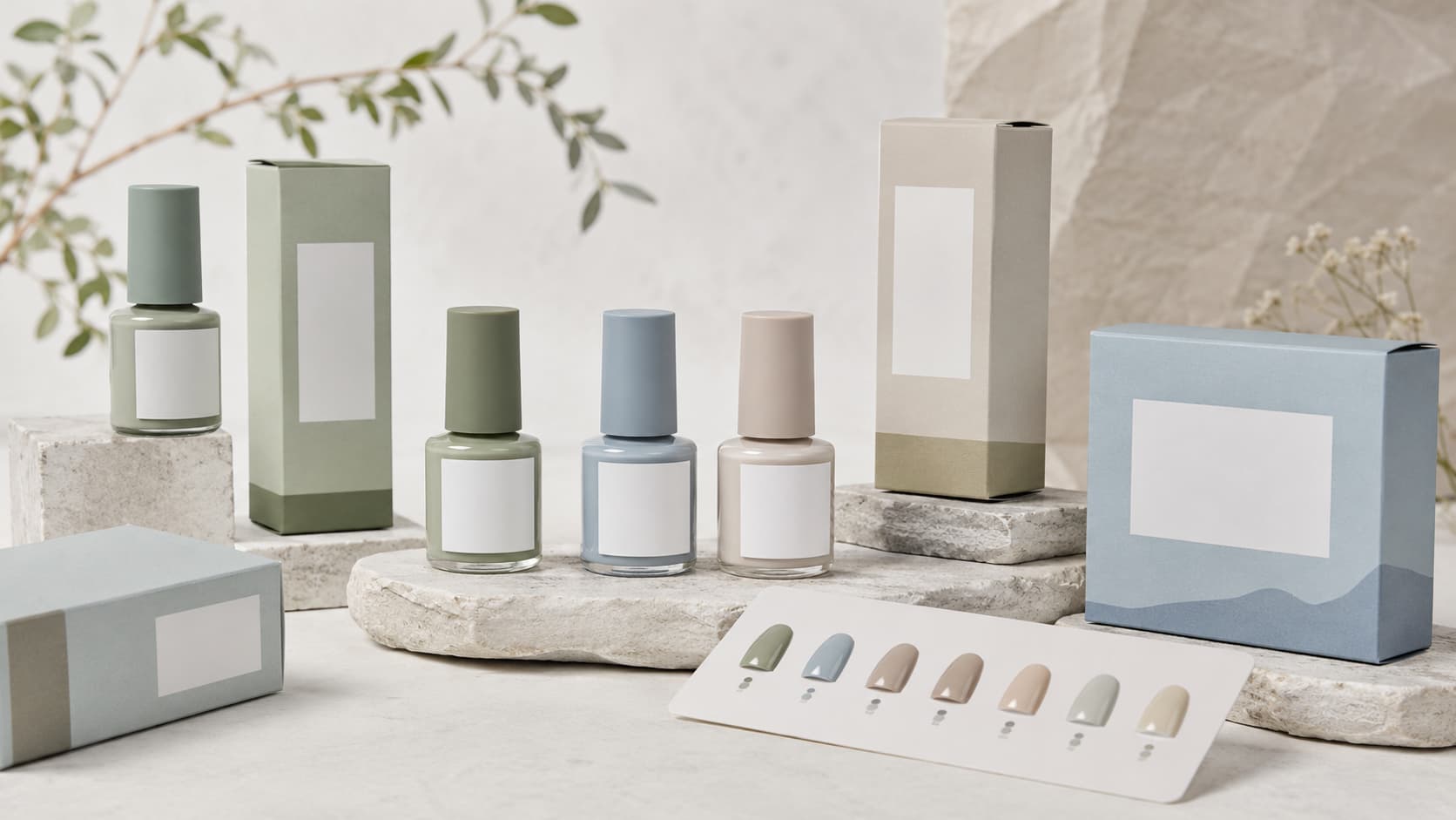 Eco-conscious private label nail polish packaging with paper boxes and custom labels