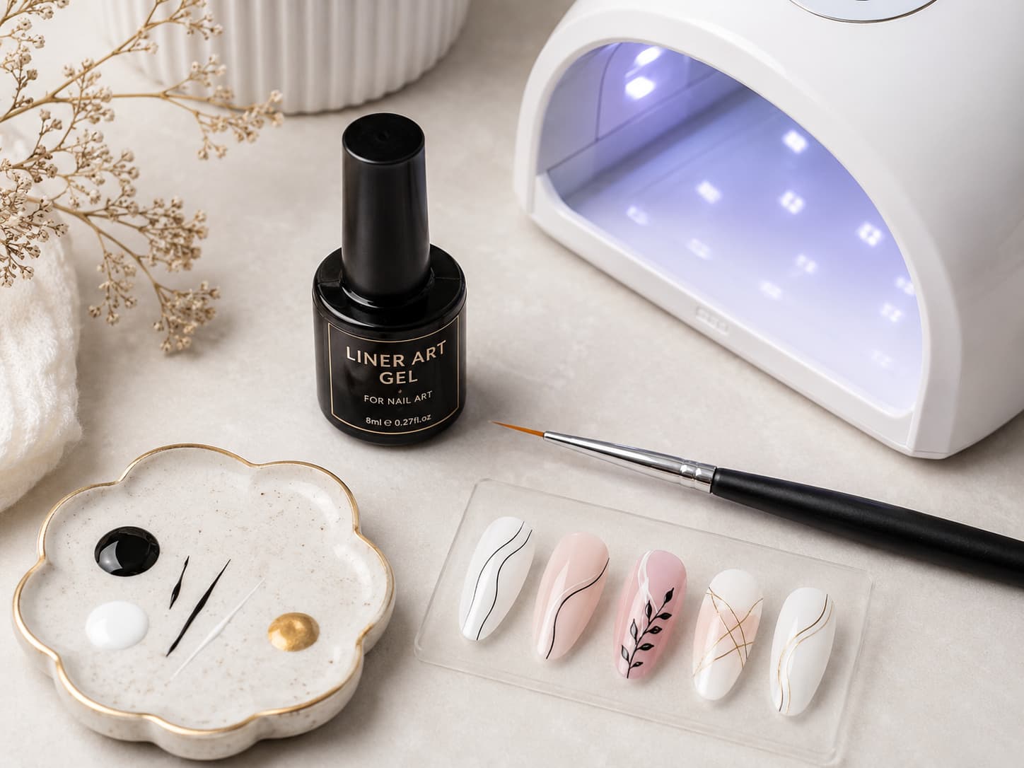 Essential tools for fine line nail art with liner art gel