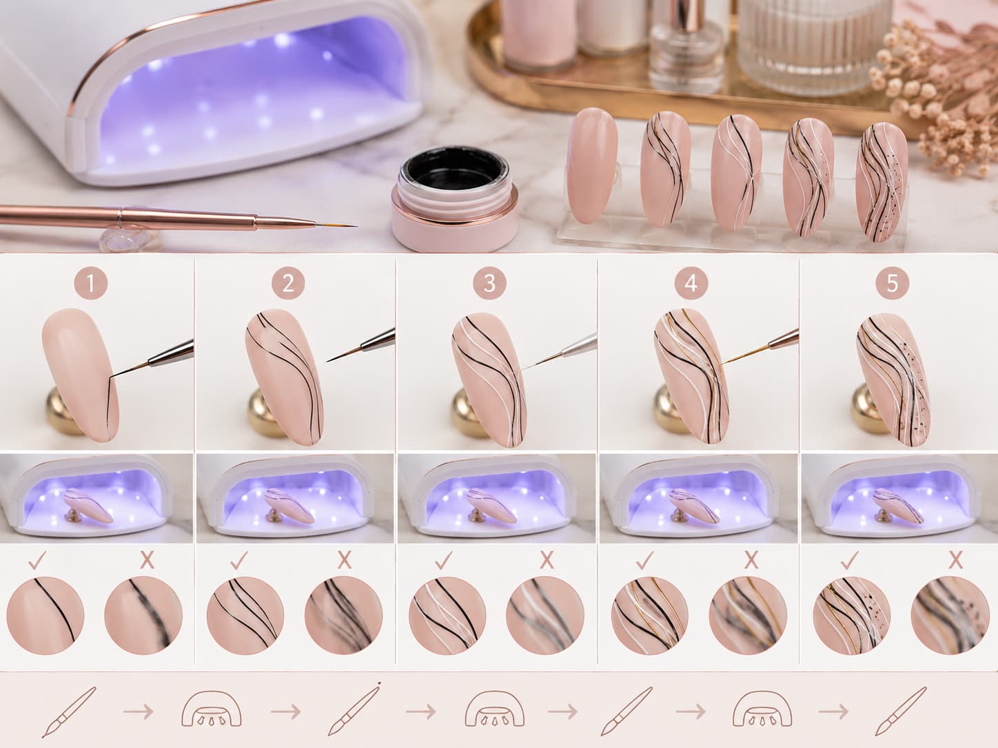 Flash curing and layering liner art nail gel designs