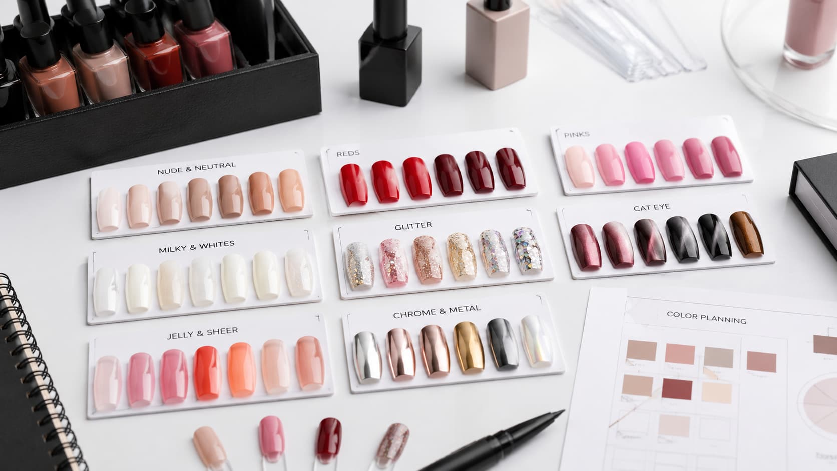 Gel nail polish color development with nude, red, pink, glitter, cat eye, jelly, and chrome swatches