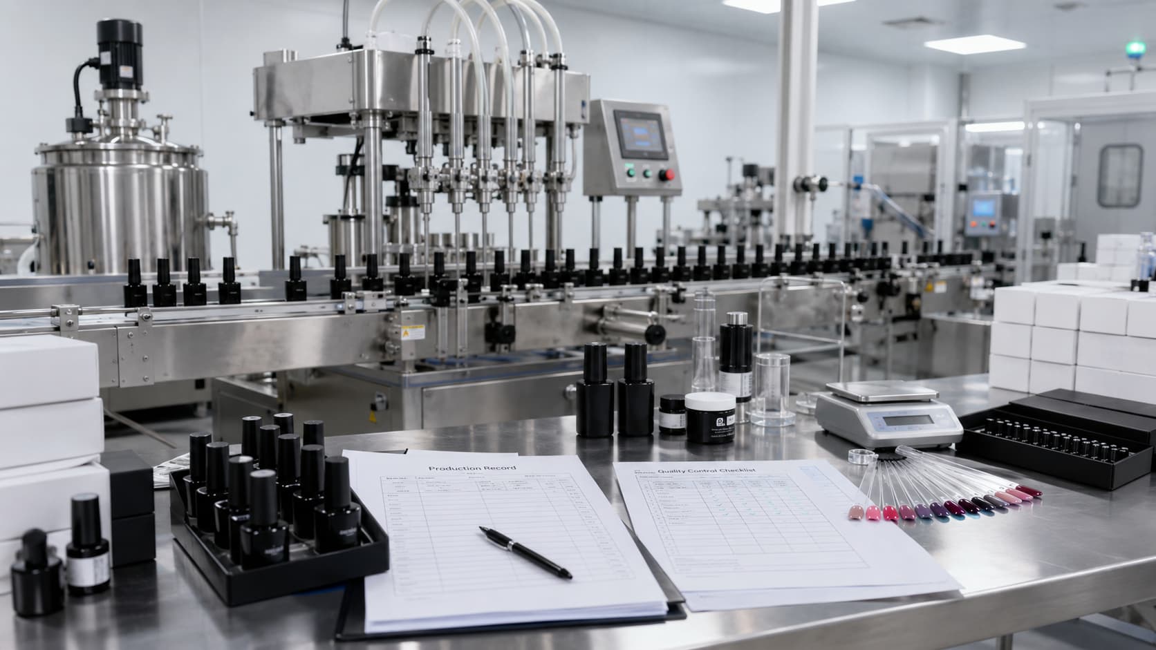 Gel nail polish manufacturing production line with filling machines, organized bottles, and quality control documents