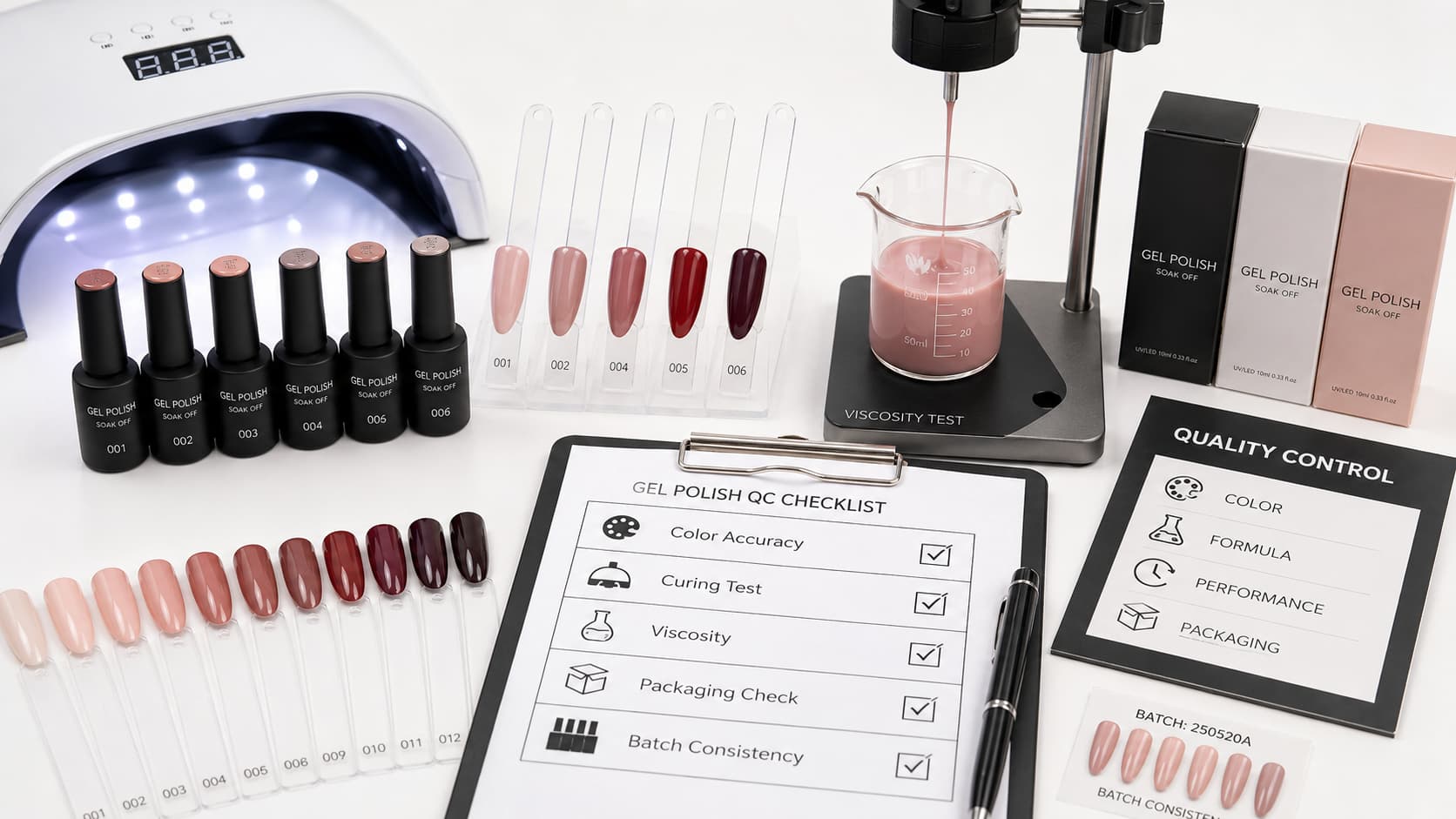 Gel nail polish quality control and sample testing with color swatches, curing lamp, viscosity test, packaging, and batch checklist