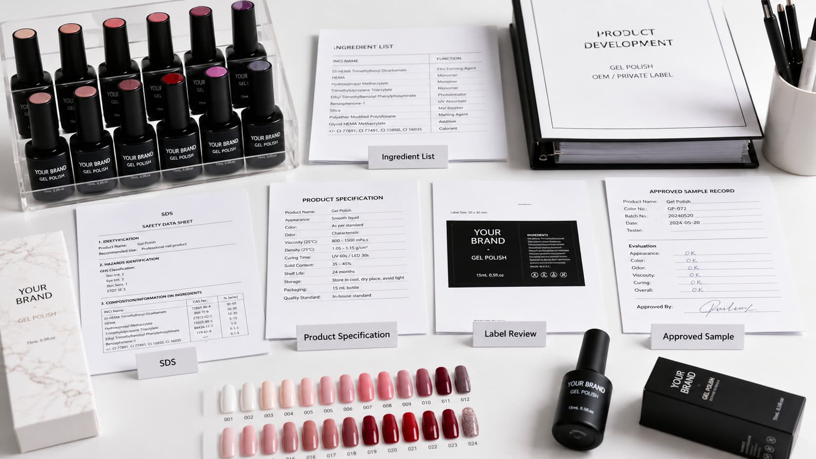 Gel polish ingredient list and SDS review with product specification, label draft, approved sample record, private label packaging, and color swatches