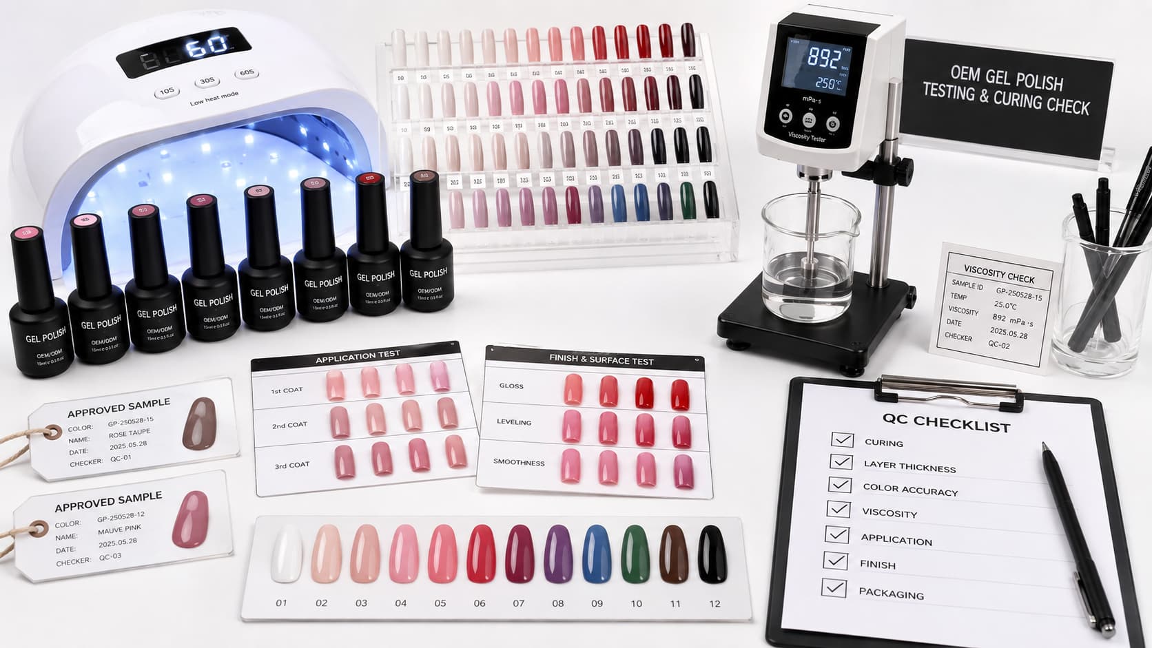 Gel polish sample testing and curing checks with UV LED lamp, viscosity tester, application cards, color swatches, approved samples, and QC checklist