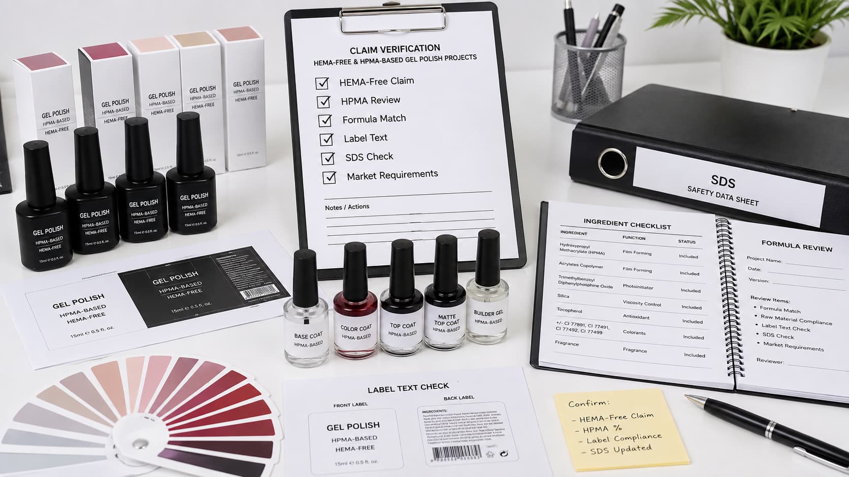 HEMA-free and HPMA-based gel polish claim verification with formula checklist, SDS folder, label text review, packaging boxes, and sample bottles