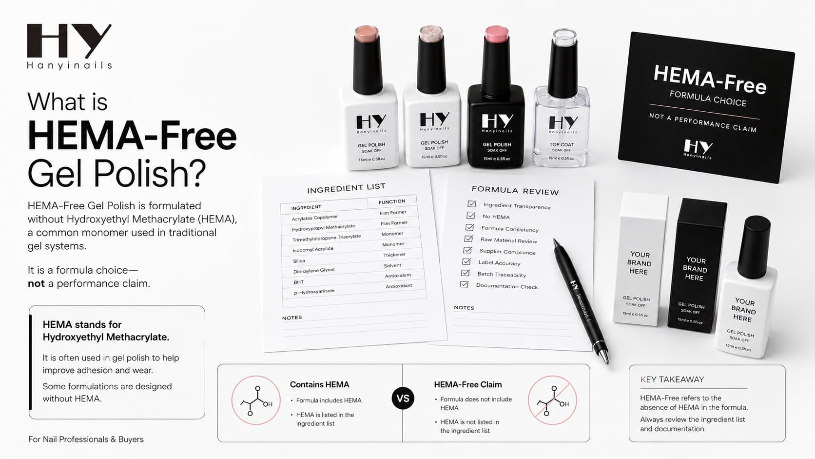 HEMA-free gel polish meaning explained with gel polish bottles, ingredient list sheet, formula review checklist, and HEMA-free claim card