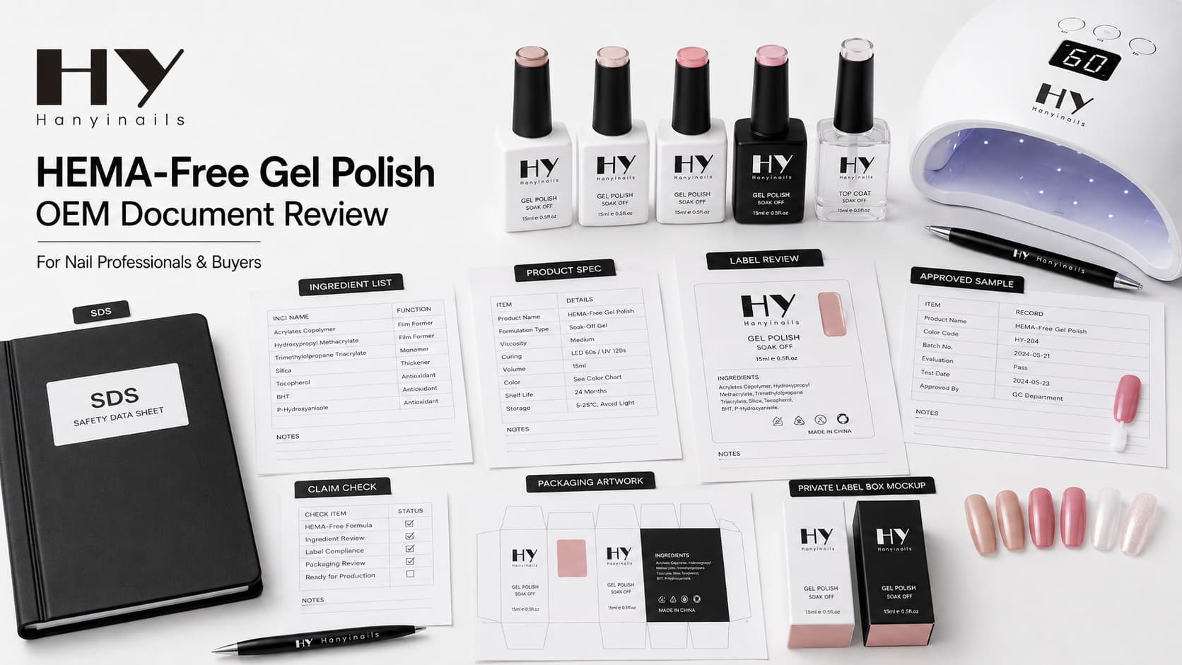 HEMA-free gel polish OEM document review with ingredient list, SDS, product specification, label review, approved sample, and private label packaging