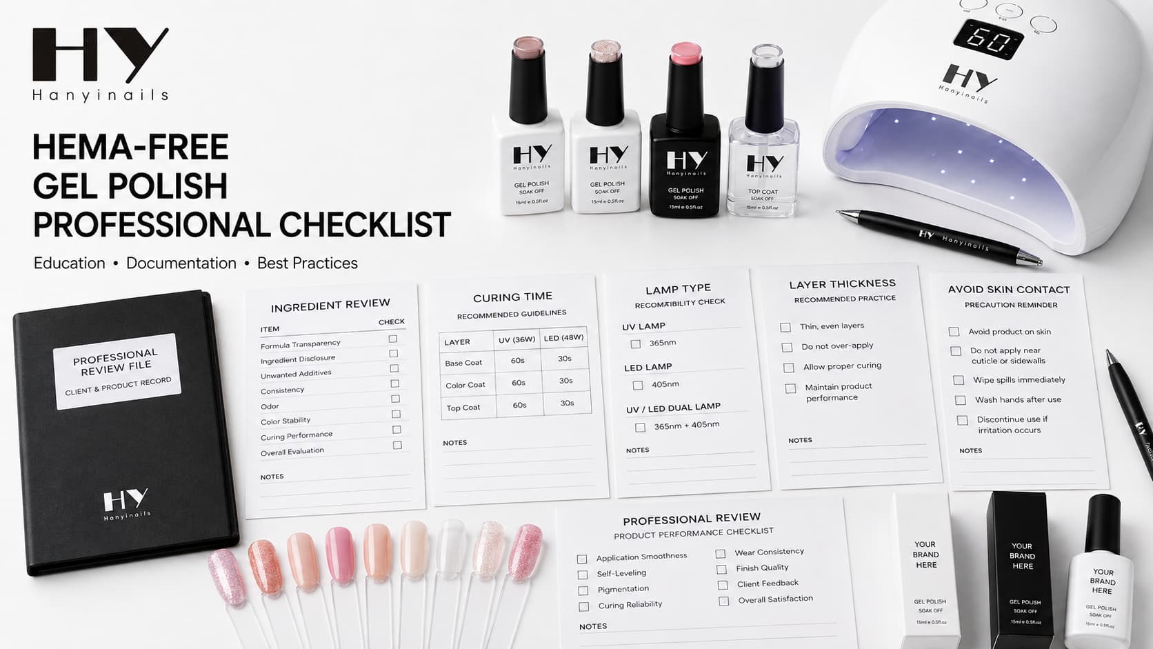 HEMA-free gel polish professional review checklist with ingredient review, curing time, lamp type, layer thickness, skin contact precautions, and nail swatches