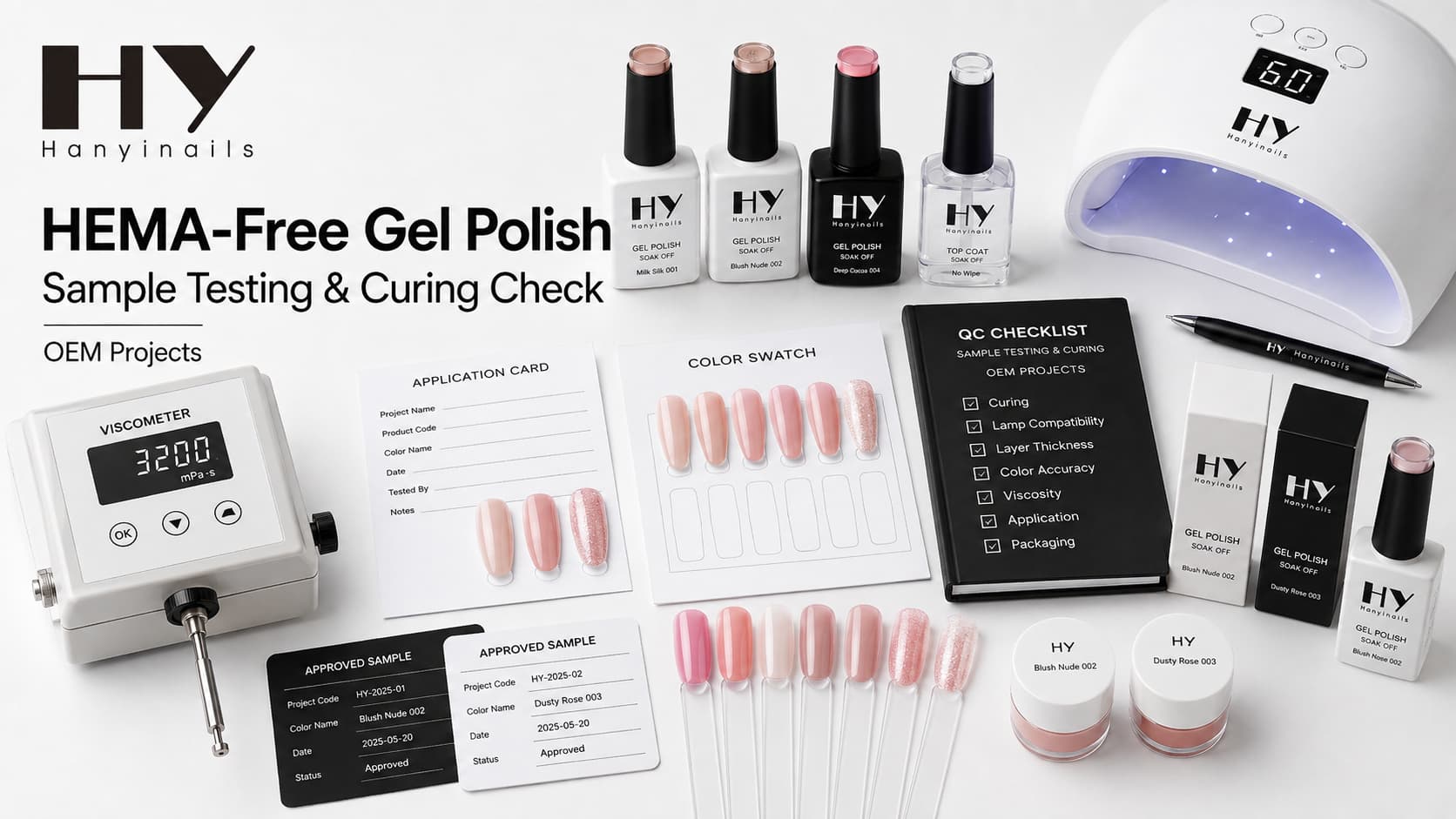HEMA-free gel polish sample testing and curing checks with UV LED lamp, viscosity tester, application cards, color swatches, approved samples, and QC checklist