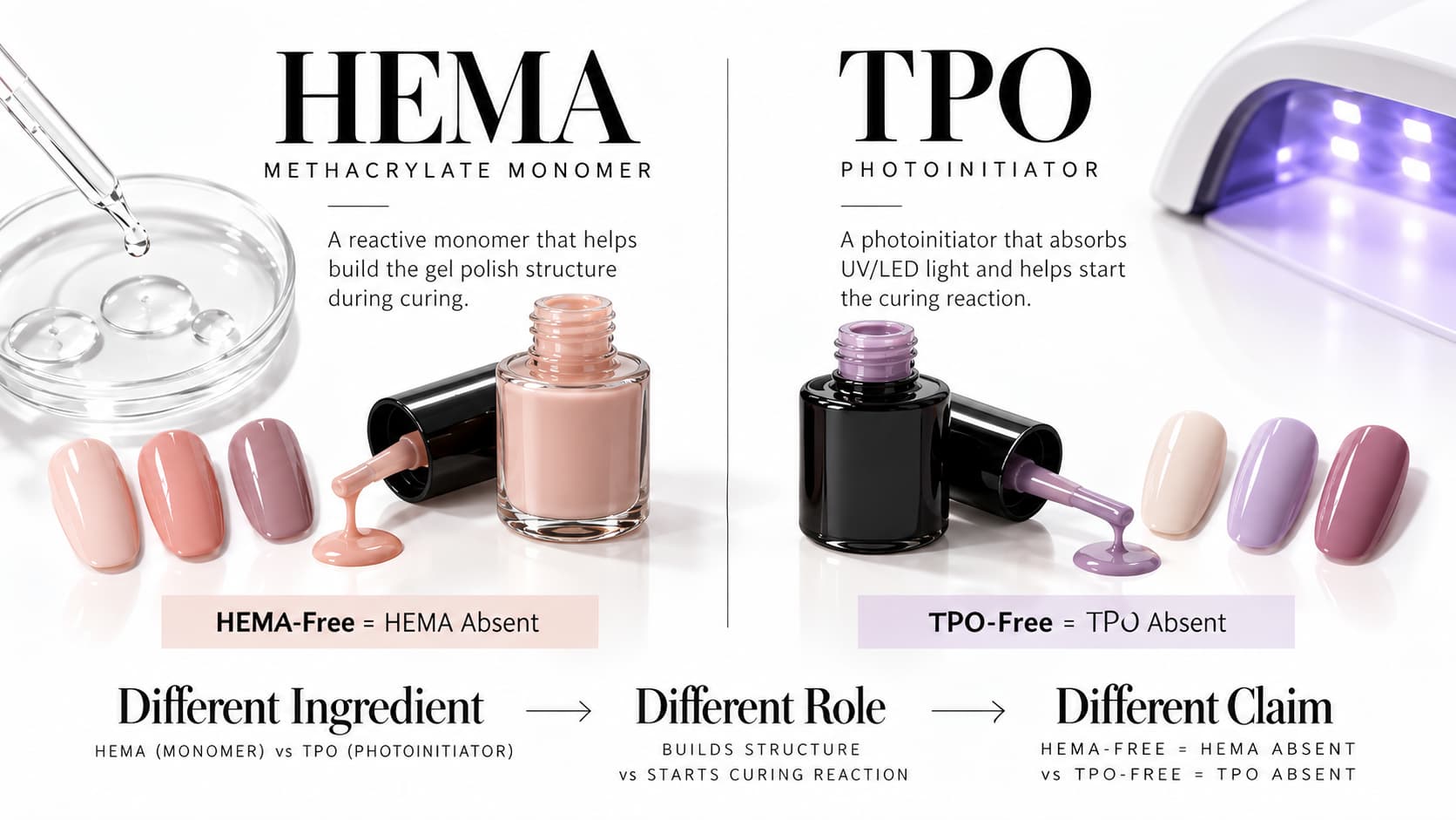 HEMA vs TPO comparison in gel polish showing HEMA as a methacrylate monomer and TPO as a photoinitiator with separate HEMA-free and TPO-free claims