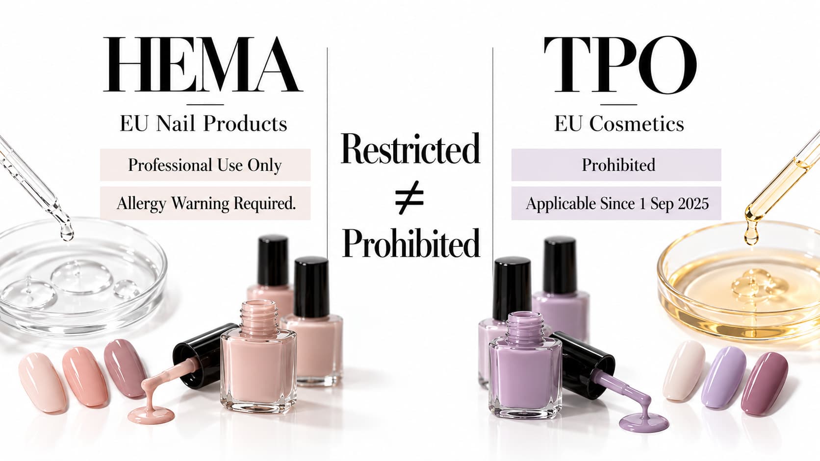 HEMA vs TPO EU regulatory status comparison showing HEMA professional-use restriction and TPO prohibition in cosmetics since 1 September 2025