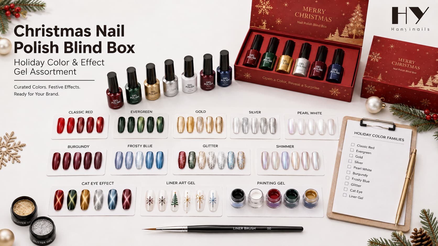 Holiday nail color and effect gel assortment for Christmas nail polish blind box with classic red, evergreen, gold, silver, pearl white, burgundy, frosty blue, glitter, cat eye, liner gel, and painting gel samples