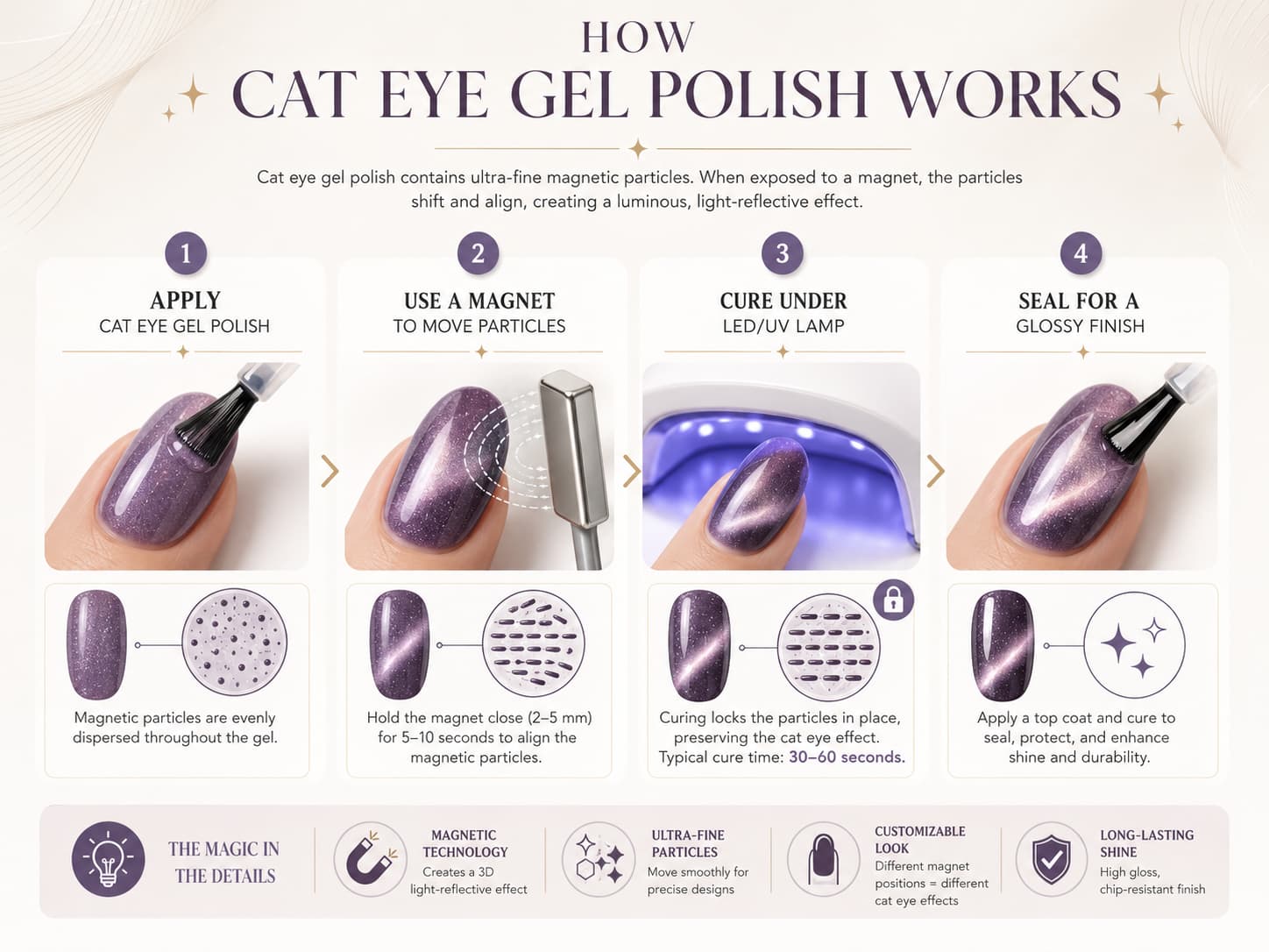 How cat eye gel polish works with magnetic particles and LED curing