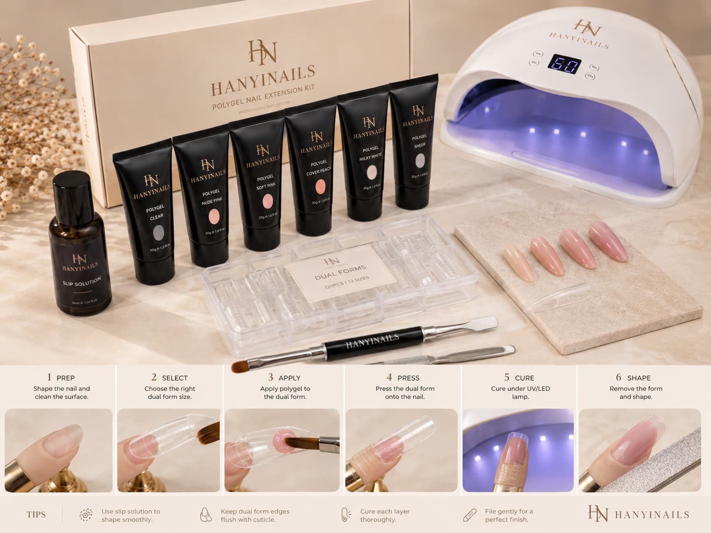 How polygel nail extensions work with dual forms and UV LED lamp