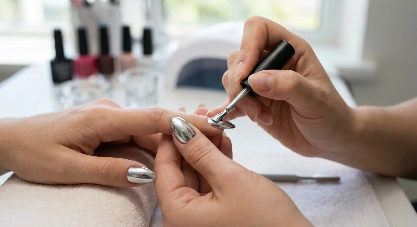 ighly reflective silver liquid chrome polish onto a client's almond-shaped nail.